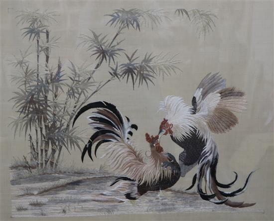 A Japanese embroidered silk picture of cockerels 64 x 82cm